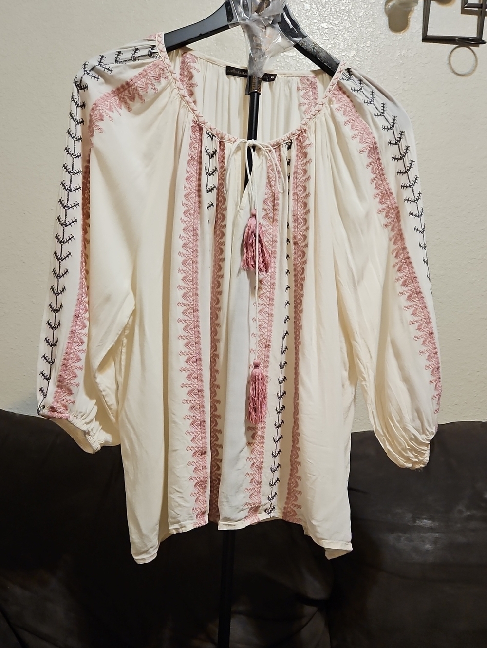 hazel Cream Peasant Tunic with Pink Embroidery